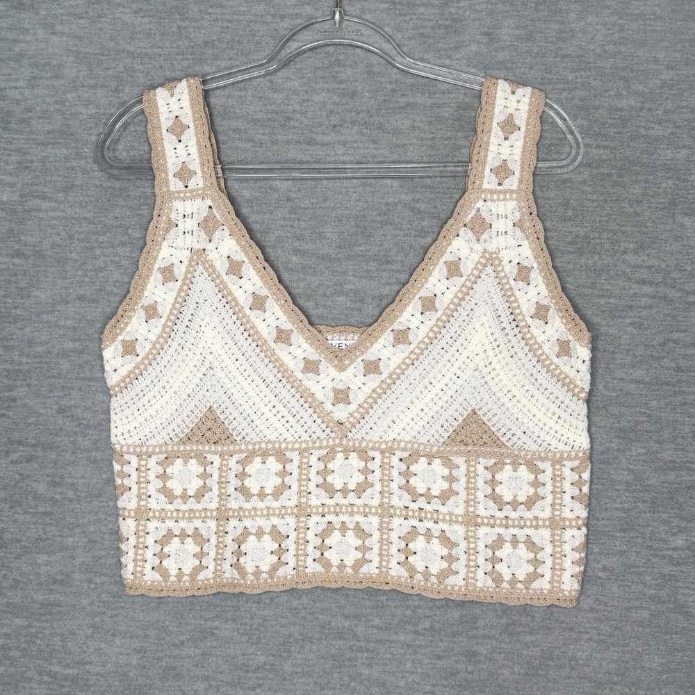 Women's Size L Crochet Tank Top Oversized Cropped Granny Square Neutral‎ 70s